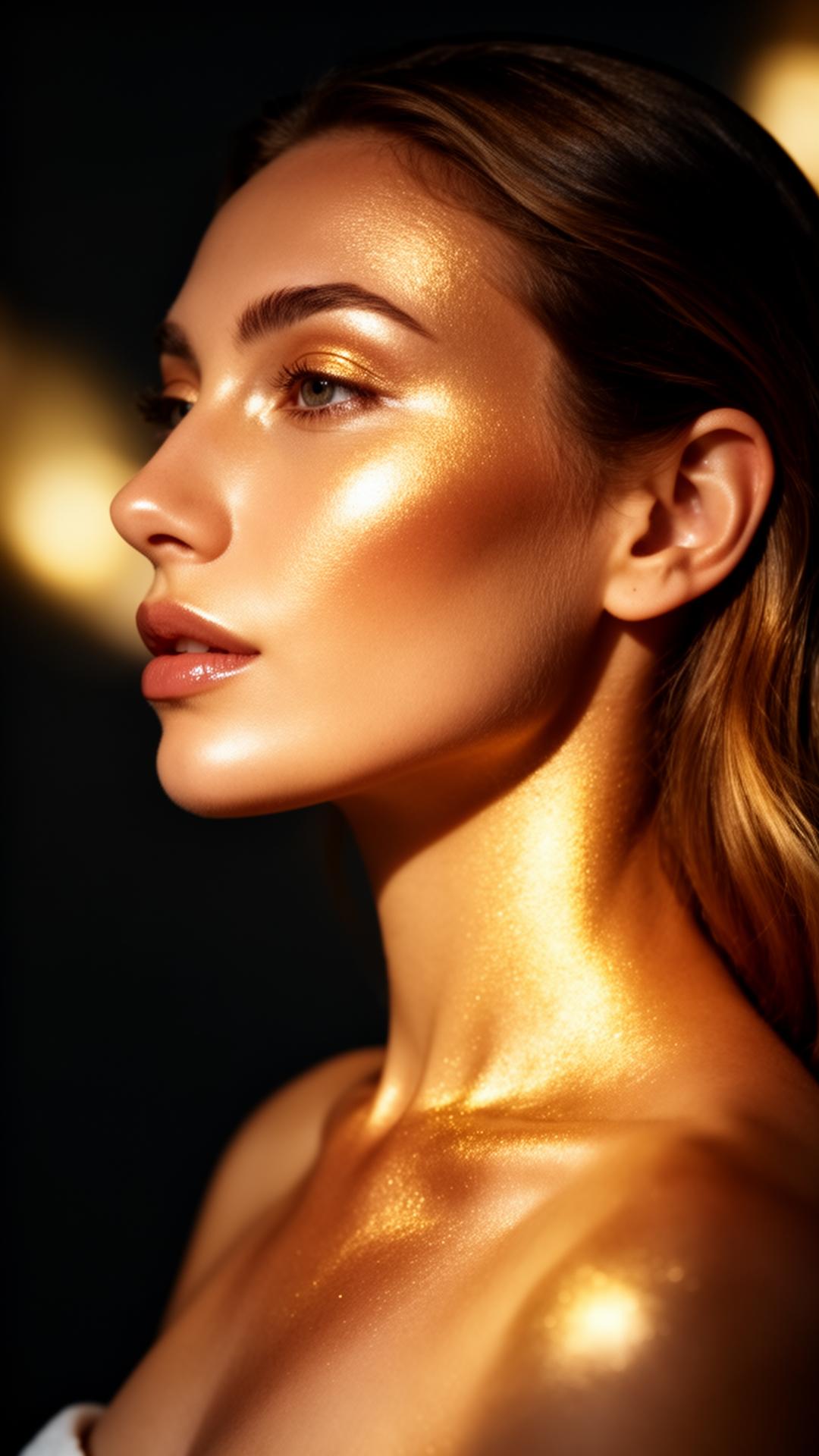 Modelo com pele bronzeada dourada